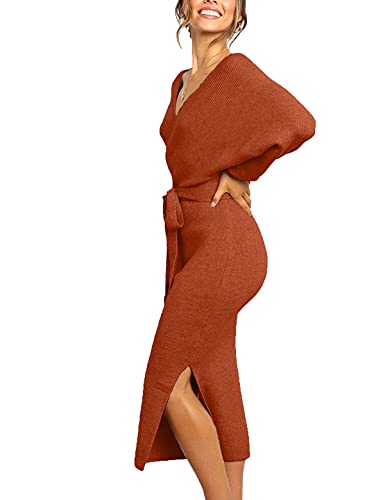 Cherfly Women's V Neck Sweater Dresses Batwing Long Sleeve Backless Bodycon Dress With Belt(02 Caramel,Medium) #TOP1