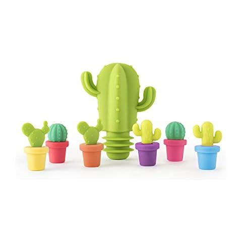 TrueZoo Silicone Drink Charms, Identifier for Drinks, Birthday, Wedding, Bachelor Bachelorette Party, Picnic, Outdoor, Home Bar, Set of 7, Cactus Cover