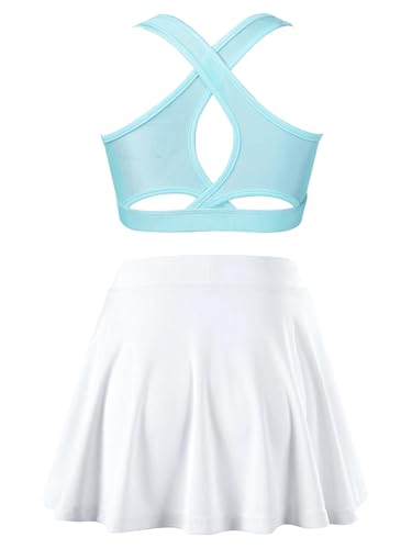 Kids Girls Plain Crop Top & Skater Skirt Set Tennis Golf Outfit 2 Piece Sport Training Tacksuit Set Activewear Light Blue&White 8 Years2