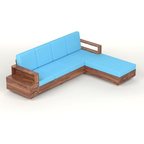 Image of Sheesham Wood 6 Seater L Shape Sofa Set with Storage Drawers and 40 Density Cushion | Solid Wooden Corner Sofa with Blue Fabric Upholstery for Living Room