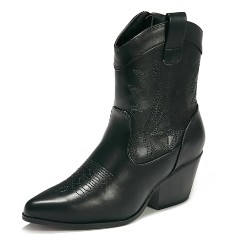 Image of PEPPEP Western Cowgirl Cowboy Ankle Boots for Women or Ladies, Mid Calf, Vegan Leather Embroidered Upper, Low Heel, Fashionable Pointed-toe, Well Made