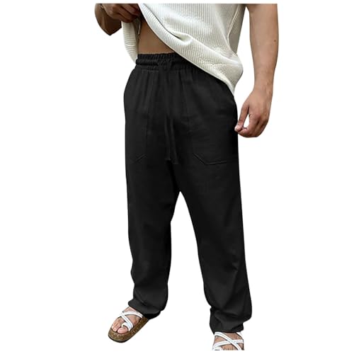 Cambkatl Men's Straight Leg Cotton Linen Pants Lightweight Casual Versatile Elastic Waist Workout Travel Pants with Pockets