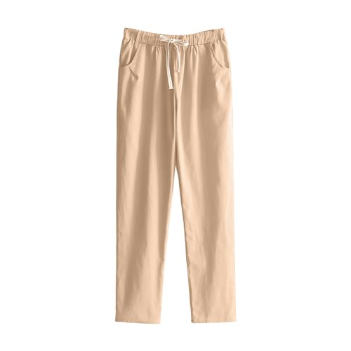 Generisch Pantalones de algodón y lino para mujer, pantalones harén con cintura elástica, color liso, pantalones tobilleros para mujer, color negro, caqui, XXL