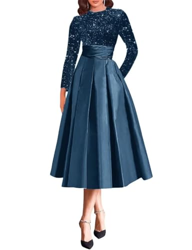 A-Line Sparkle Mother of The Bride Dress Sequin Tea Length Jewel Neck Prom Dress for Women with Long Sleeve
