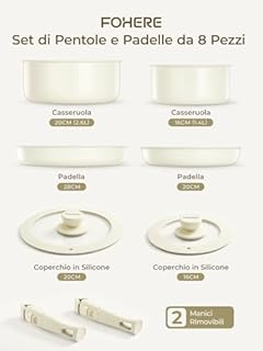 FOHERE Set di Pentole e Padelle Antiaderenti Induzione Alluminio Ceramica da 8 Pezzi con 2 Manici Amovibili e 2 Coperchi, Padella 20/28cm, Casseruola 16/20cm, Adatto Lavastoviglie, Gas e Forno, Beige