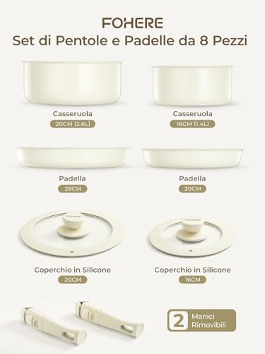 FOHERE Set di Pentole e Padelle Antiaderenti Induzione Alluminio Ceramica da 8 Pezzi con 2 Manici Amovibili e 2 Coperchi, Padella 20/28cm, Casseruola 16/20cm, Adatto Lavastoviglie, Gas e Forno - immagine 3