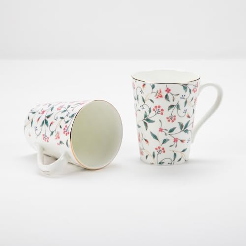 Image of GOLDEN QUEEN'S Mugs Set of 2 for Coffee, Tea, Milk - Ideal for Your Daily Beverage Ritual, Hosting & Casual Gatherings - Leafy Blush & Pink Charm (24K Gold on Rim)