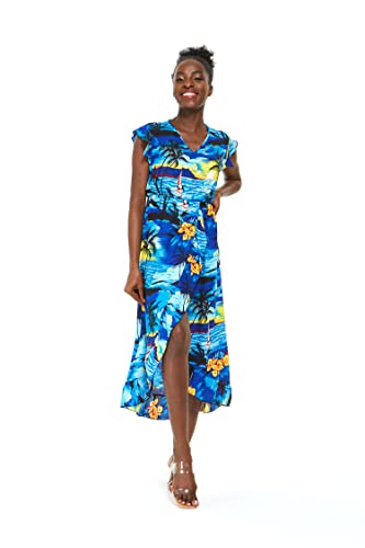 Image of Hawaii Hangover Family Matching Hawaiian Clothes, Sunset Blue | Family matching Hawaiian outfits, Sunset Blue, lightweight rayon, machine washable, tropical print, luaus, cruises