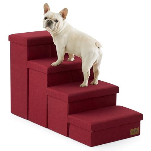 Image of Dog Stairs with Storage, 4-Step Wider Sturdy Dog Steps for Small /Medium /Large Dogs and Older Cats, Folding Doggie Ramp for Bed /Couch /Car Hold Up to 180 lbs (22 inch H, Burgundy)