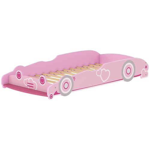 AIYAPLAY Cama Infantil 70x140 cm, Forma de Coche, Cama para Niños con Barrera Anticaídas y Somier, para Niños y Niñas de 3-5 Años, Rosa
