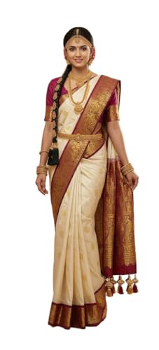 Image of VFCollections Women's Kanchipuram Silk Bridal Pure Pattu Cream White Sarees With Blouse