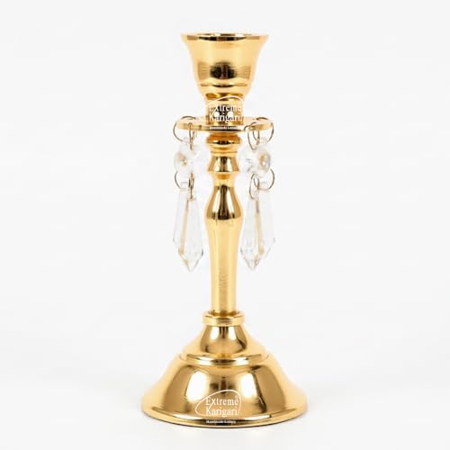 Image of Aluminum Gold Plated Vinatge Candle Stand Holder Crystal Hanging for Home Decor, Dining Table Centerpiece Decoration, 6.75inch