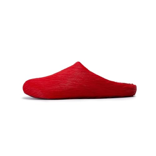 CAGLGLZ Real Fur Slides Mules for Women Round Toe Slip on Sandals Fuzzy Luxury Platform Clogs Slippers Comfortable Fashion Cute Shoes(Red,10)