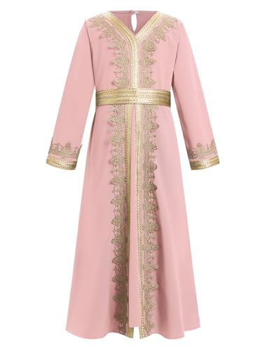Muslim Dress for Kids Girls Abaya Middle East Ramadan Long Sleeve Lace Prayer Dress Arabic Kaftan with Belt3