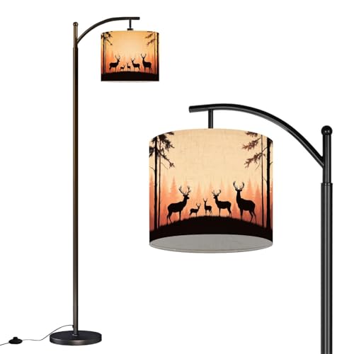 RAINFALLARING Floor Lamp Deer Farmhouse Village Decoration Pine Trees Layered Forest Arc Floor Lamp with Remote Modern Dimmable Standing Lamps for Living Room Bedroom Office Home Room Decor