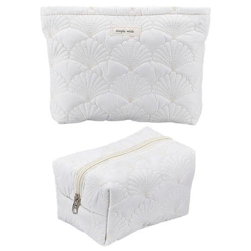 INFUNLY 2PCS/Set Quilted Makeup Bag Set for Women Large Size Cosmetic Bag with Zipper White Seashell Portable Travel Toiletry Pouch Wide-open Travel Cosmetic Organizer Purse for Girls