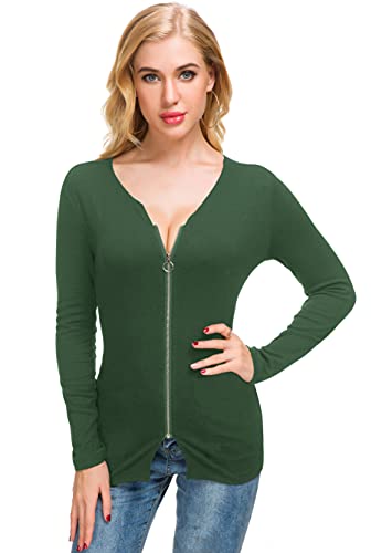 Image of Afibi Women V Neck Zip Front Long Sleeve Casual Top Blouse Shirt /Cardigan
