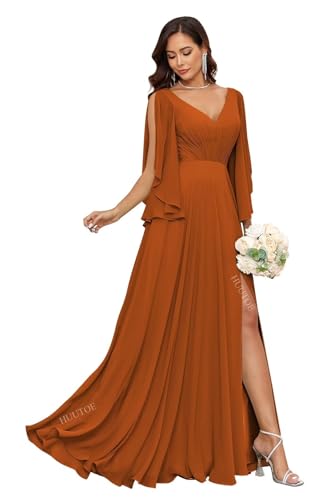 Image of HUUTOE Ruffle Sleeve Chiffon Burnt Orange Bridesmaid Dress Plus Size V Neck Flowy Summer Dresses for Women Formal Evening Party with Slit 3XL US20W