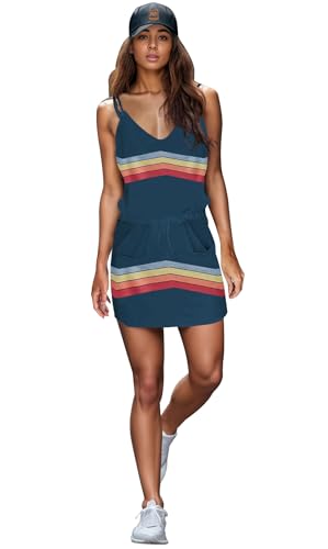 Womens Summer Trendy Striped Dresses Sleeveless Halter Strap Mini Dress with Pockets3