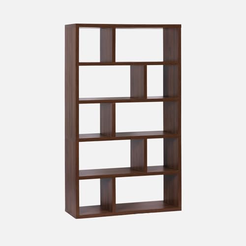 sweeek - Etagère bibliothèque asymétrique 5 Niveaux 10 Compartiments. casiers. Effet Bois de Noyer. L 111.2 x P 39 x H 190cm