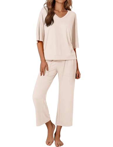 Ekouaer Womens Pajama Sets Lounge Sets for Women Two Piece Outfits Short Sleeve Tops and Wide Leg...
