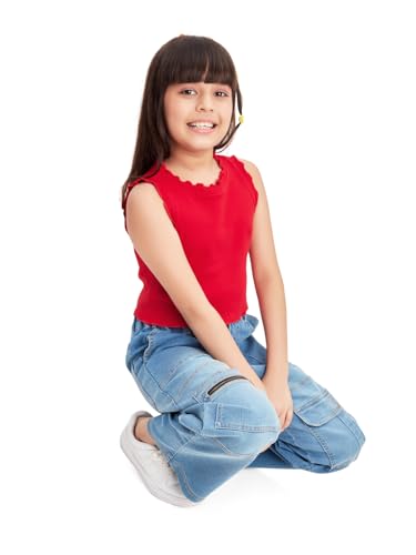 Image of olele Girls Super Jeans Collection for 4-14 Yrs | Stretchable Cotton Denim Trousers | Blue Jeans for Kids | Baggy Denim Pants | Cargo Pants for Girls