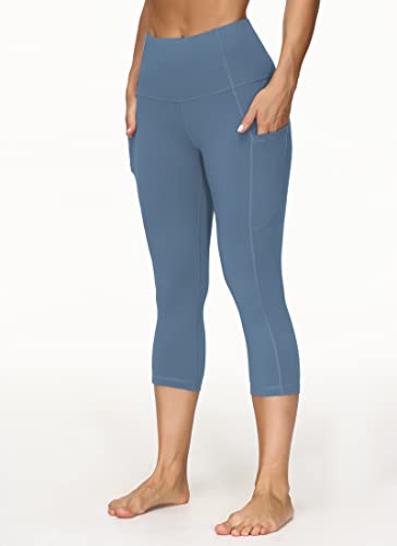 Image of THE GYM PEOPLE Thick High Waist Capris Yoga Pants with Pockets, Tummy Control Workout Running Yoga Leggings for Women