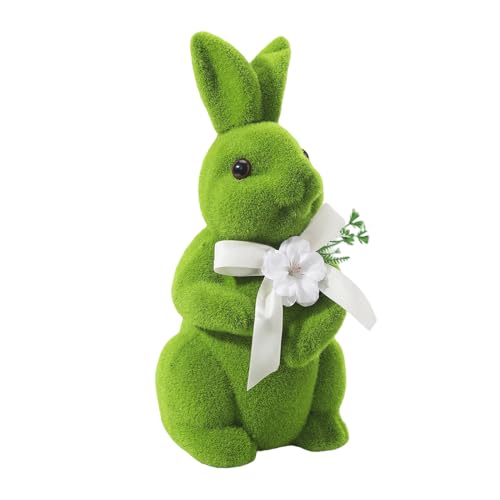 Image of Simulated Moss - Flocked Easter Bunny - Realistic Rabbit Ornament With Bow | Small Animal Forest Series Decor Home | Cute Spring Tabletop Figure For Shelf Cabinet Mantel, Green Pink Available
