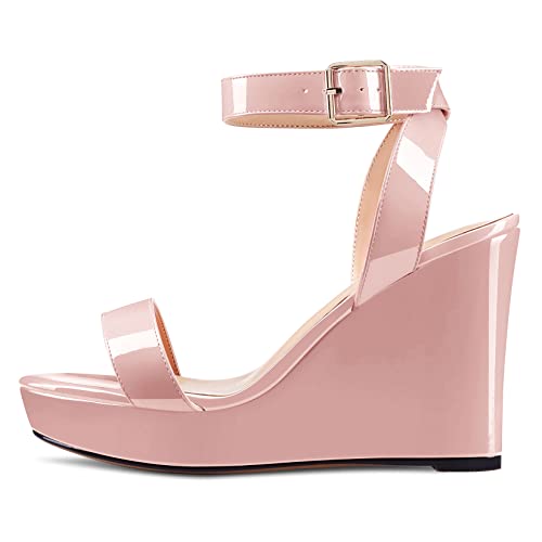 Image of Aachcol Women Platform Wedge Sandals Round Peep Open Toe Ankle Strap Slingback Two-Piece Chunky Block High Heel Dress Shoes Pumps Party Patent 4 Inch