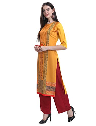 Image of 1 Stop Fashion Women's Yellow Coloured Digital Print Crepe Knee Long W Style Kurtas /Kurti