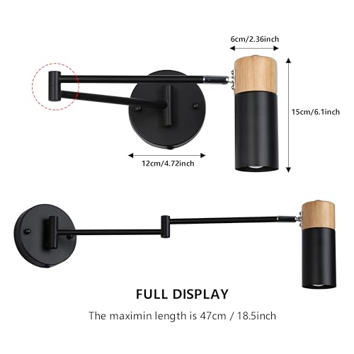 Image of SUNLLOK Modern Black Swing Arm Plug in Wall Sconce - Industrial Adjustable Wood Ceiling Hanging Wall Light Fixture - Indoor Rustic Reading Wall Mounted Lamp Decoration for Living Room Kids Bedroom