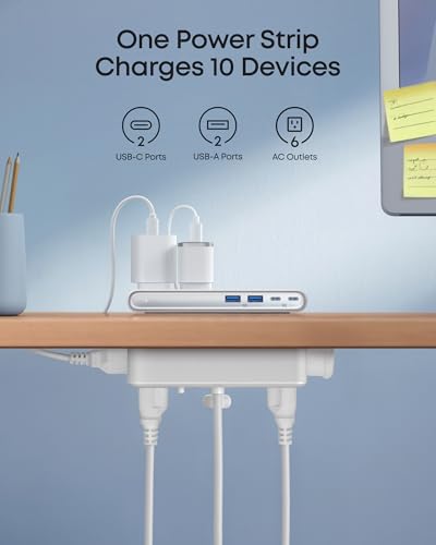 Image of Anker Nano Power Strip, Desk Clamp, 70W Max, 1500J Surge Protector, 2 USB C | 6AC 5ft Extension Cord, Outlet Extender Desk Organizer Gaming Accessories Home Office Essentials, Fit 0.6~1.8'' Tabletop Edge