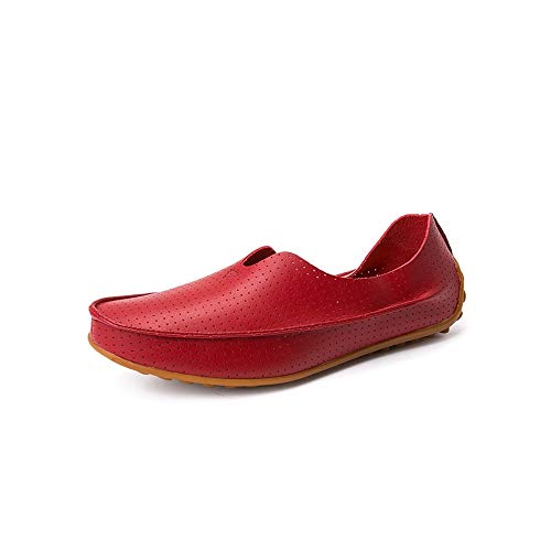 Summer Breathable Perforated Casual Shoes for Men PU Leather Comfortable Lightweight Flat Loafers Anti-Slip Slip-on Round Toe(Red,10 M US) - Main Image