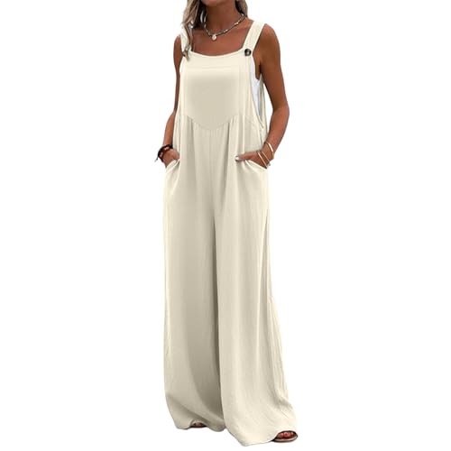JUYAXIN Mono de poliéster suave y transpirable para mujer, con pierna ancha, diseño de tirantes, ajuste holgado, cintura alta cómoda con bolsillos laterales, ideal para uso diario casual y vacaciones