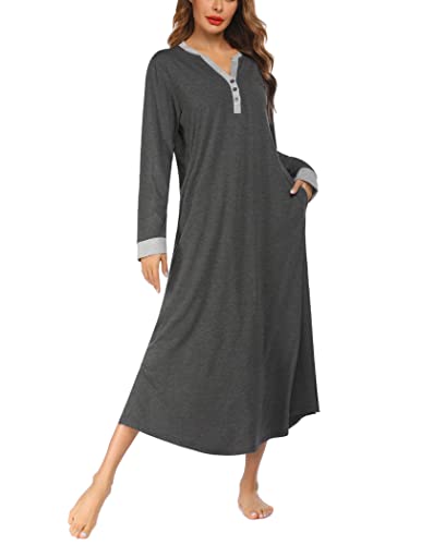 Image of Ekouaer Womens Nightgown Long Loungewear V Neck Nightshirt Sleepwear Full Length Sleepshirt with Pockets