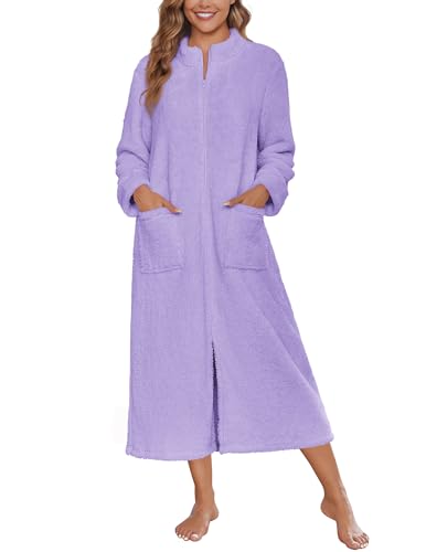 Image of Ekouaer Women Zipper Robe Fleece Long Sleeves Bathrobe Sleepwear Warm Soft Housecoat with Pockets Zip Up House Dresses