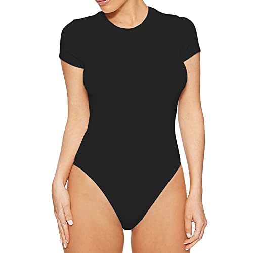 QKEPCY Body Mujer Manga Corta Bodies Vestir Cuello Redondo Ropa Body de Tanga Elegantes Elástico Mono Bodysuit Jumpsuit Tops (M, Negro)