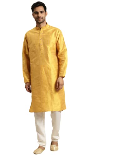 Sojanya (Since 1958 Men'S Silk Blend Striped Kurta & Off White Churidaar Pyjama Set2