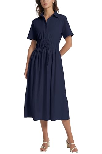 Image of Ladyful Women Casual Button Down Short Sleeve Shirt Dress Tie Waist Midi Shirt Dress Elegant Business Party