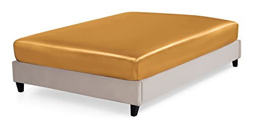 P Pothuiny Satin Fitted Sheet Queen Size, 1 Single Fitted Sheet Only, Extra Soft Deep Pocket Bottom Bed Sheets Mattress Cover Fits 12" To 16", Wrinkle Free, Fully Elasticized (Gold) #TOP2