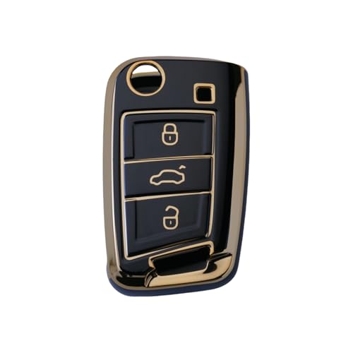 Pack de 2 Coque pour clé de Voiture TPU RUXYAXFOL, Compatible avec VW Jetta, Tiguan, Touran, Seat Leon, Fabia, Ibiza, Skoda Fabia, Octavia, Superb, Polo, Golf 7 Mk7 Or-Noir