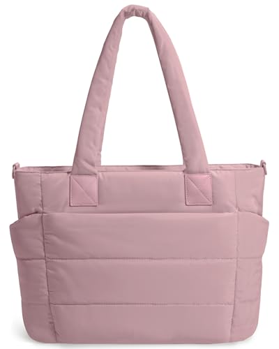 Tote Bag for Women Puffer Tote Bag Large Quilted Nurse Bag with Zipper for Work Travel (Dark pink)