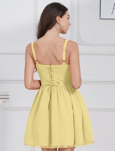 Bustier Sundress for Women Boho Floral Corset Dress Lace Mini Dress Short Open Back Summer Dress Y2K Viral Dress Wedding Guest Dresses Spring Spaghetti Straps Sleeveless Dresses Cream Yellow M