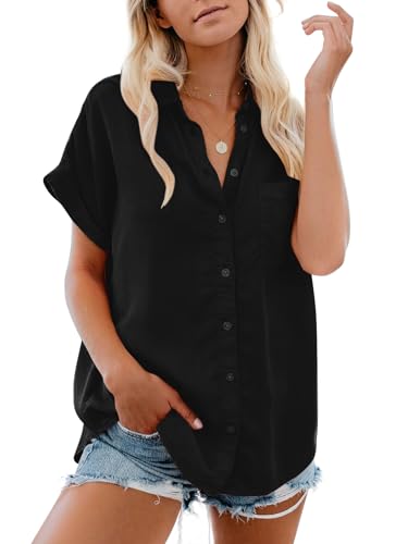 Womens Button Down Casual Shirts Cotton Short Sleeve Blouses Solid Summer Tops with Pocket