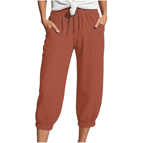 Richymfa - Pantalones capri para mujer de verano de algodón de lino elegantes pantalones con elástico en la cintura negra 3/4 pantalones con cordón de cintura grande casual pantalones deportivos
