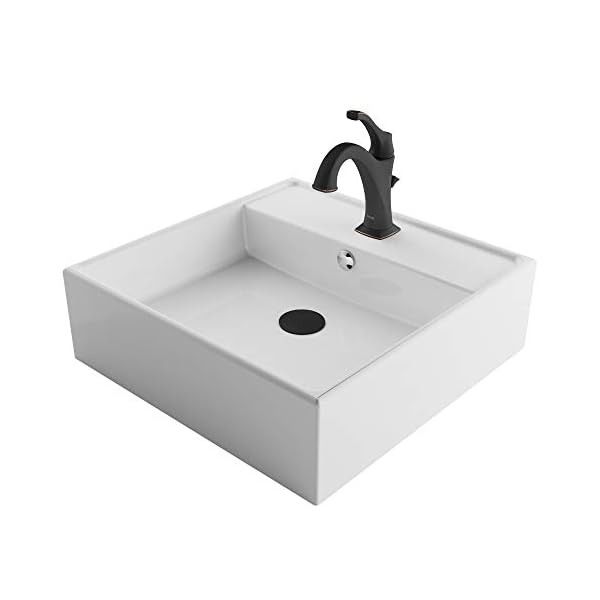   KRAUS-Elavo-18-12-inch-Square-White-Porcelain-Ceramic-Bathroom-Vessel-Sink-with-Overflow-and-Matte-Black-Arlo-Faucet-Combo-Set-with-Lift-Rod-Drain-C-KCV-150-1201MB