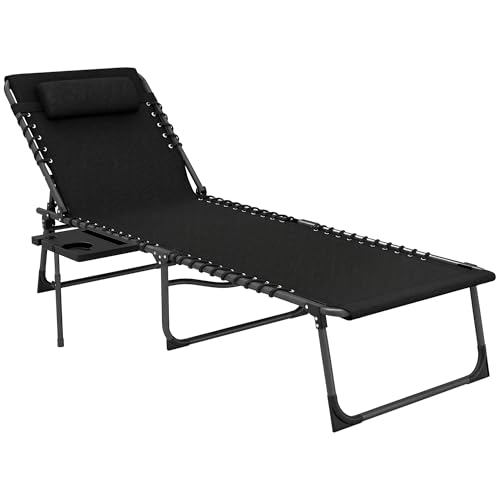 Outsunny Bain de Soleil Chaise Longue Pliante avec Plateau, appuie-tête, Poche latérale, transat inclinable en Oxford 600D, transat Jardin extérieur pour Camping...