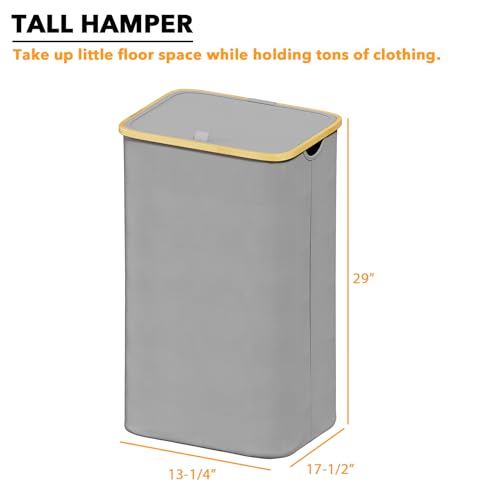 SpaceAid Laundry Hamper with Lid, 110L Large Tall Clothes Basket Bin with Bamboo Handles, Collapsible Laundry Hamper for Bedroom, Bathroom, Dorm, Laundry Room - Light Grey