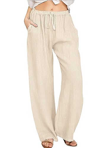 ebossy Women's Cotton Linen Pants Elastic High Waist Drawstring Wide Leg Lounge Palazzo Yoga Trousers, Khaki, Large