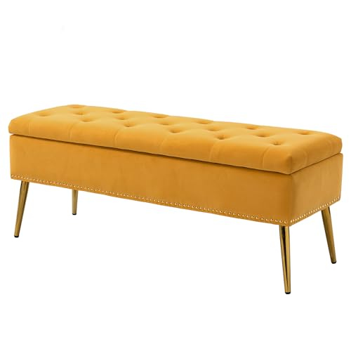 Image of HULALA HOME Modern Velvet Storage Ottoman with Gold Base & Nailhead Trim, Upholstered Bedroom Bench for End of Bed, Button-Tufted Footstool for Entryway Living Room Dining Room, Mustard